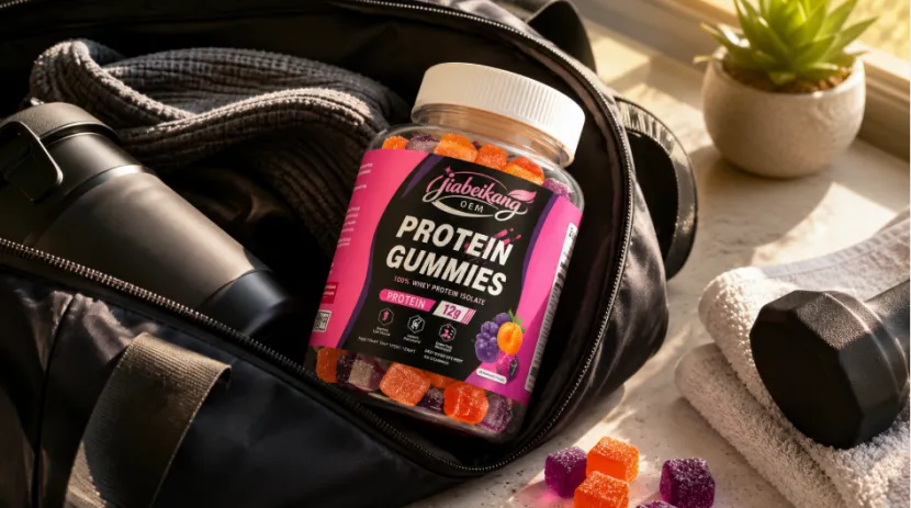 Bottle of Jiabeikang OEM protein gummies inside a gym bag next to fitness gear