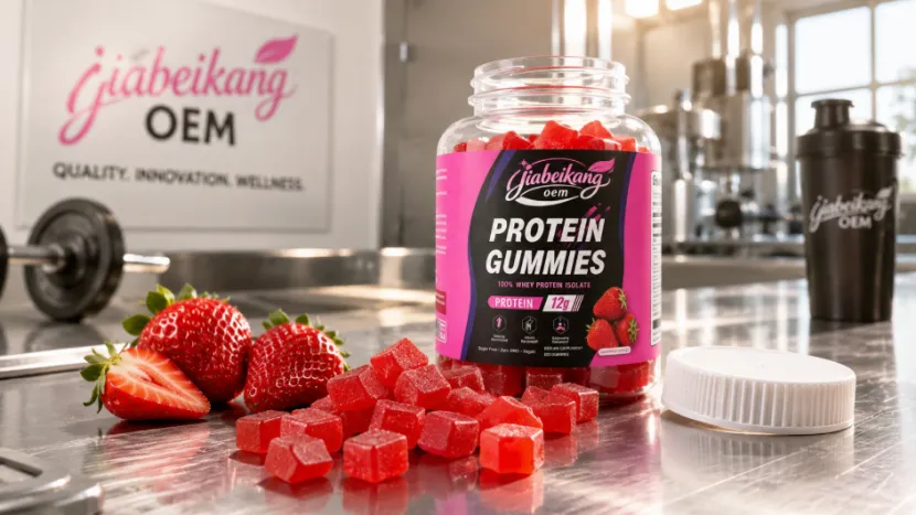 Bottle of Jiabeikang OEM strawberry protein gummies and fresh strawberries on a stainless steel table
