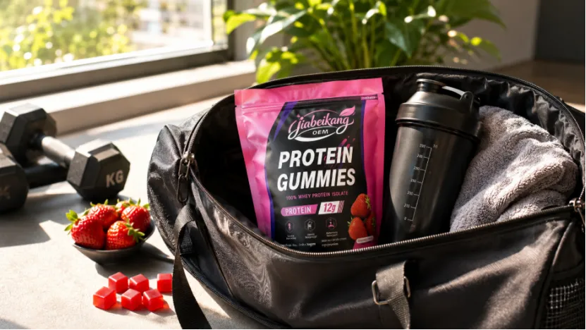 Pouch of Jiabeikang OEM strawberry protein gummies inside a black gym bag with a shaker cup