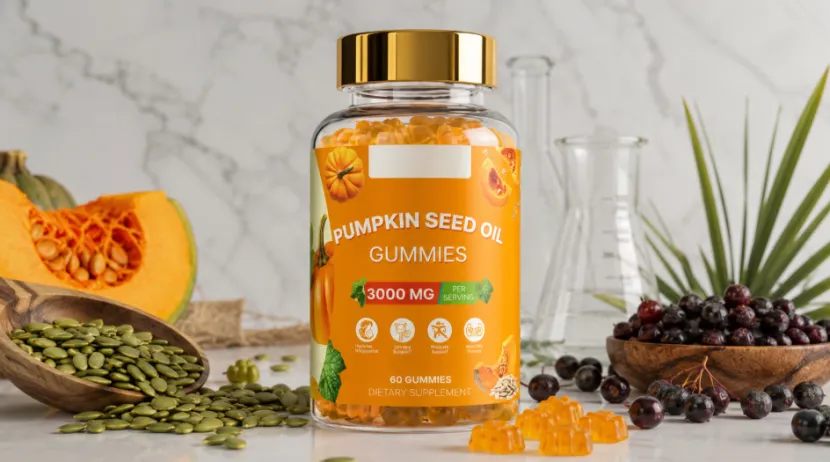 Bottle of pumpkin seed oil gummies with fresh pumpkin seeds and saw palmetto berries