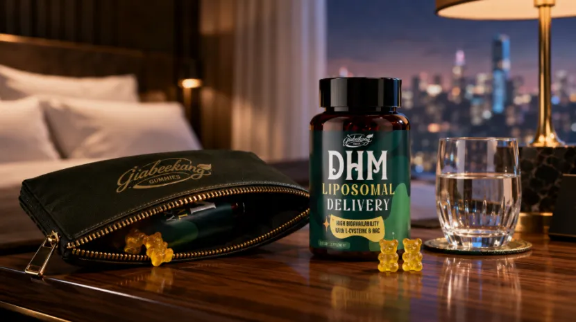 DHM gummy supplement and branded pouch on a nightstand