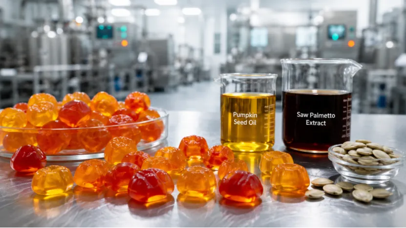 Gummies next to beakers of pumpkin seed oil and saw palmetto extract in a lab