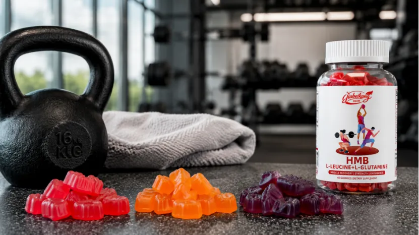 HMB gummies, a kettlebell, and a supplement bottle in a gym