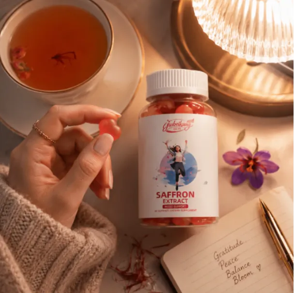 Hand holding a Saffron Extract gummy beside a tea cup and a wellness notebook
