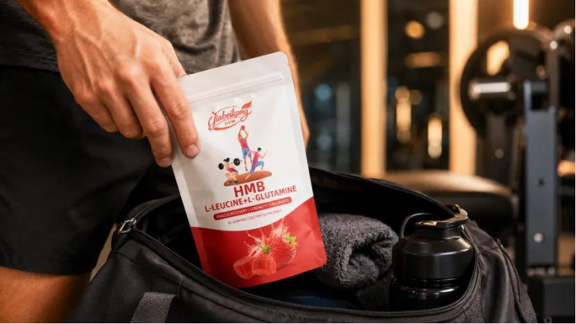 Person packing a pouch of HMB muscle recovery gummies into a gym bag