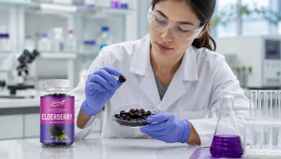 A lab scientist inspecting elderberry gummy supplements in a research laboratory