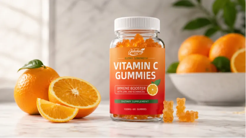 Bottle of vitamin C gummies with fresh oranges on a marble countertop