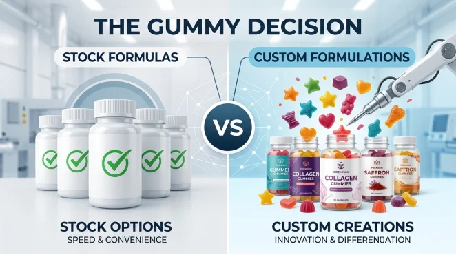 Comparison chart between stock gummy formulas and custom formulations