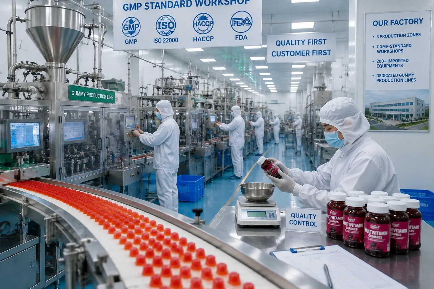 GMP certified gummy manufacturing facility with automated production lines and quality control workstation