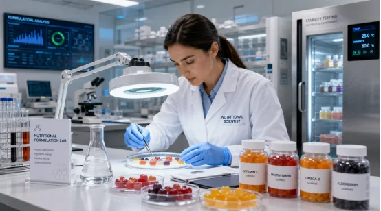 Nutritional scientist formulating gummy supplements in laboratory