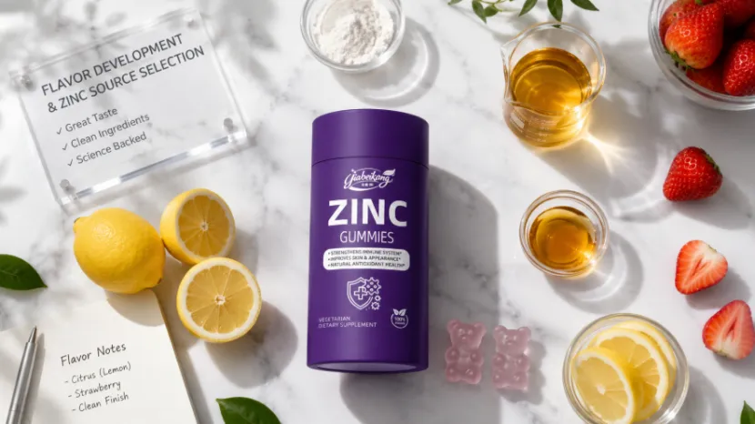 Zinc gummies bottle with pink bears and fresh ingredients