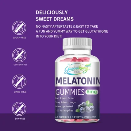 Melatonin gummies 6mg bottle with product feature icons
