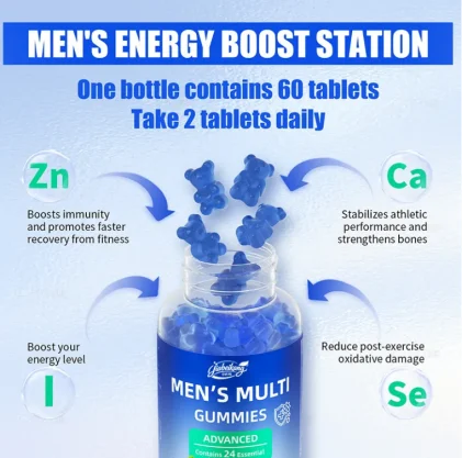 Men's multivitamin gummies bottle with ingredient benefits infographic