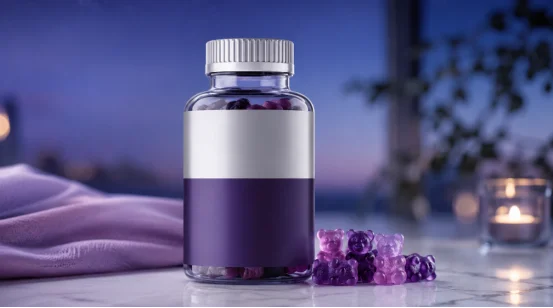 Purple sleep melatonin gummy bears next to supplement bottle