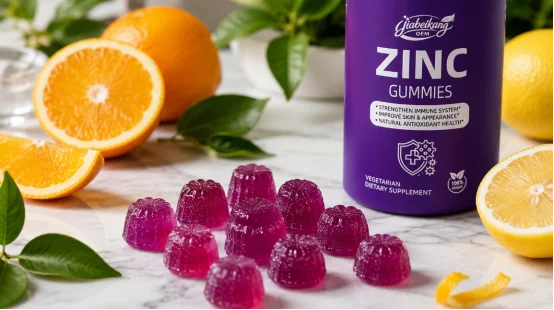Purple vegan zinc gummies displayed with fresh citrus fruits