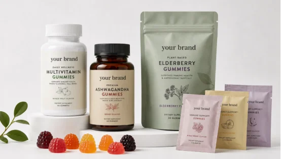 Various gummy supplement packaging bottles and pouches