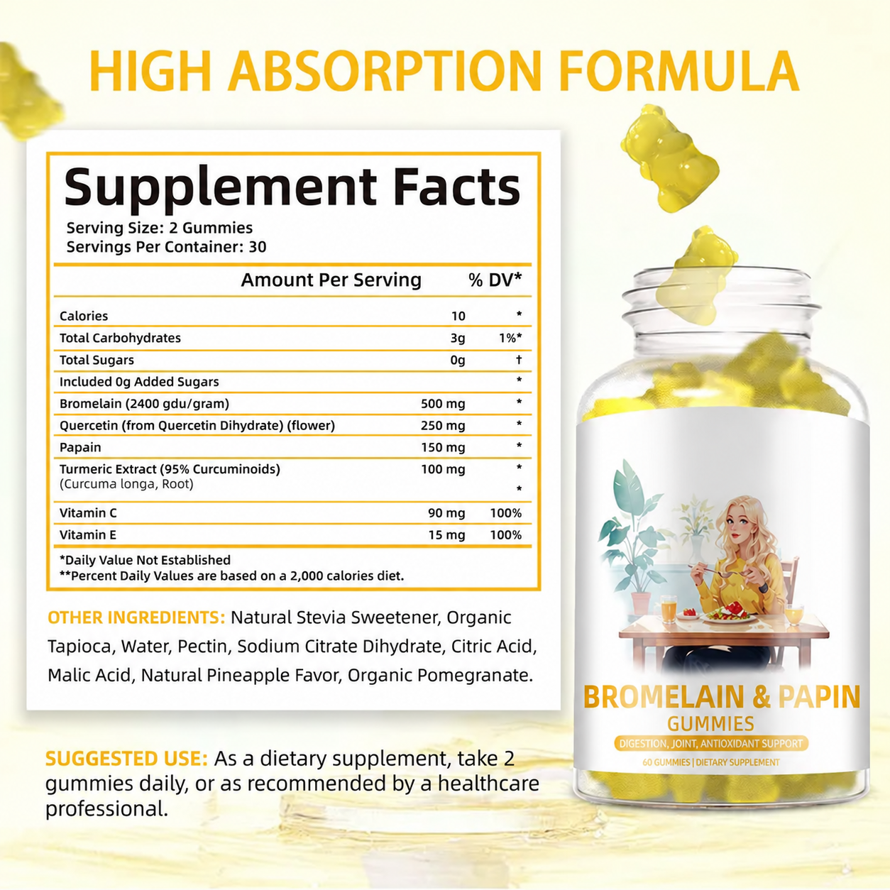 Bromelain and papain gummies Supplement Facts, logo-free product image