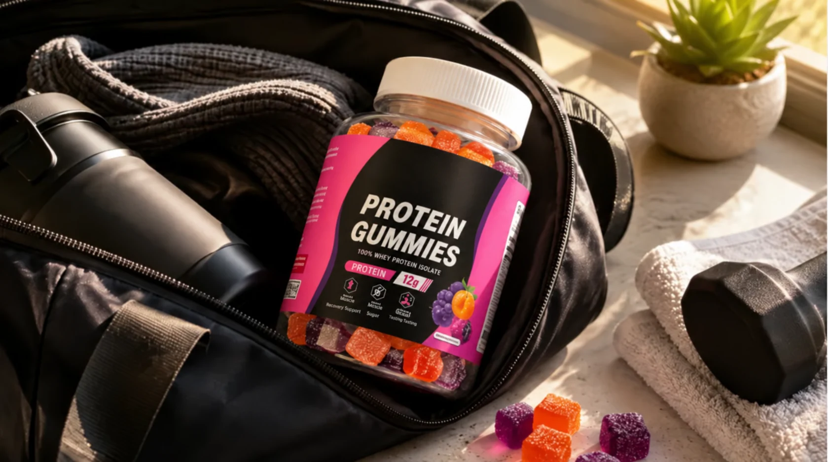 Bottle of Red Kangaroo OEM protein gummies inside a gym bag next to fitness gear