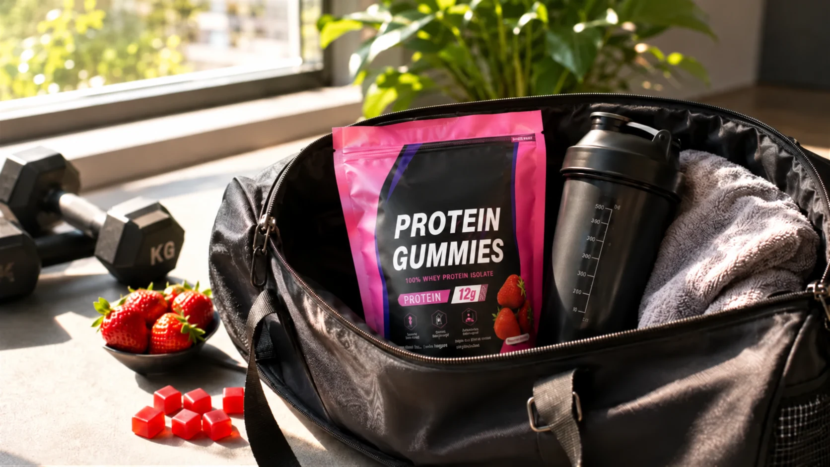 Pouch of Red Kangaroo OEM strawberry protein gummies inside a black gym bag with a shaker cup