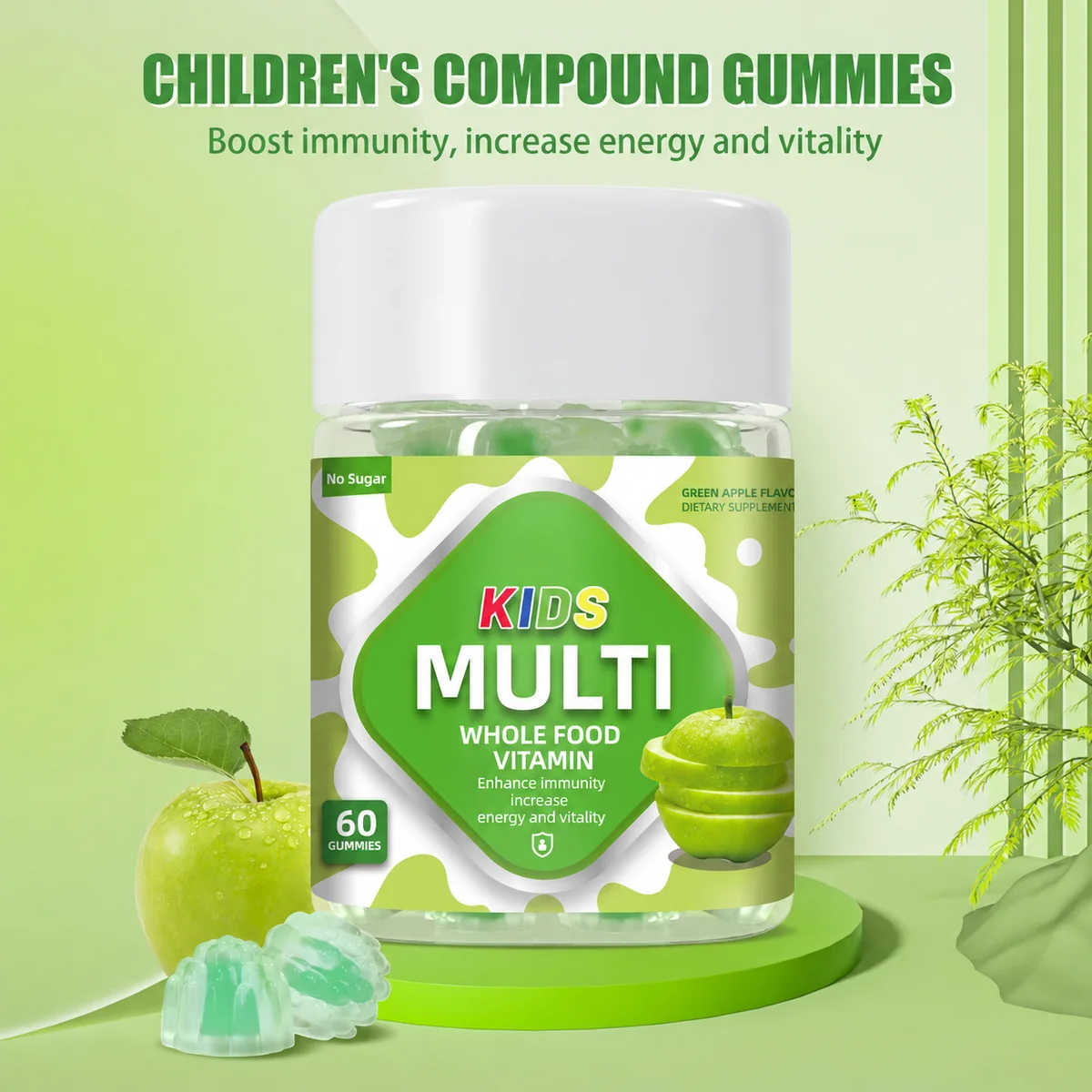 Children's multivitamin bottle and package presentation