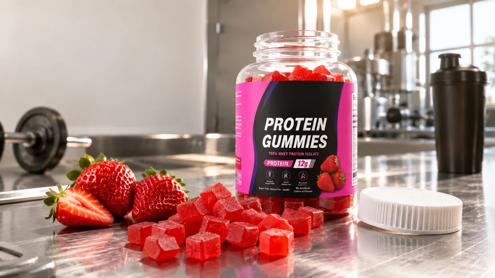 Bottle of Red Kangaroo OEM strawberry protein gummies and fresh strawberries on a stainless steel table