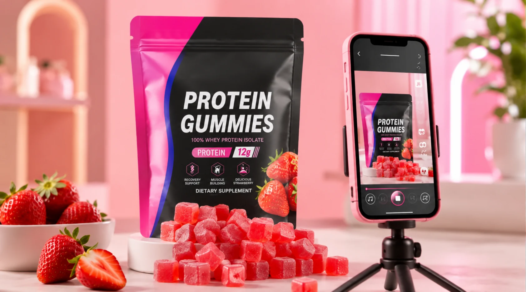 Red Kangaroo OEM strawberry protein gummies pouch being filmed by a smartphone on a tripod